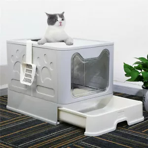 Large Foldable Sturdy Fully Enclosed Hooded Cat Litter Box Kitty Toilet Tray Set - Picture 1 of 12
