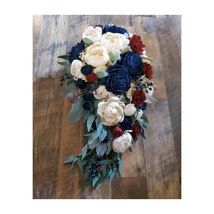 Navy Burgundy Sola Wood Cascade Bridal Bouquet Artificial Wedding Prom Flowers - Picture 1 of 7