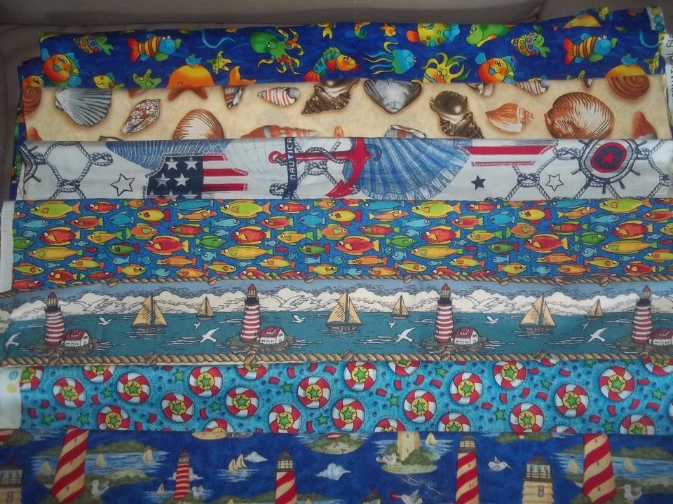 OCEAN pirate LIGHTHOUSE fishing lures Cotton Fabric U-PICK see info 1/2 yd BTHY - Image 1 of 1