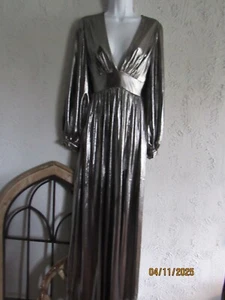 Gianni Zella Lame 2 Metalizado Plateado Vestido de Cóctel Manga Larga Cuello Profundo + Espalda - Imagen 1 de 8