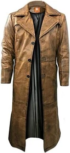 Abrigo de gabardina de cuero para hombre Chaqueta larga vintage marrón en dificultades - Imagen 1 de 9