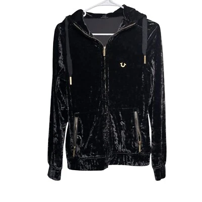 True Religion Sweatshirt Women's XS Black Crushed Velvet Velour Full Zip Hoodie - Image 1 of 4