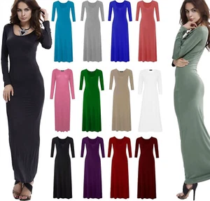 Mujeres Maxi Vestido Jersey Damas Liso Mangas Largas Acampanado Elástico Vestido 8-26 - Imagen 1 de 17