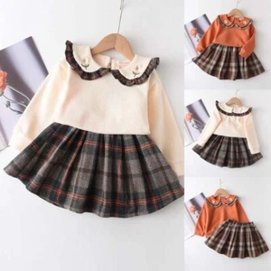 Toddler Baby Girls Plaid Floral Long Sleeve Outfits Romper Dress Skirts Clothes - Picture 1 of 14