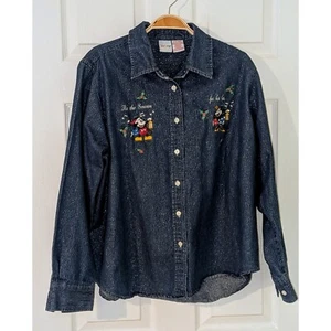 Disney Sparkle Denim Shirt Mickey Mouse Christmas Embroidered Holiday XL VTG - Picture 1 of 8