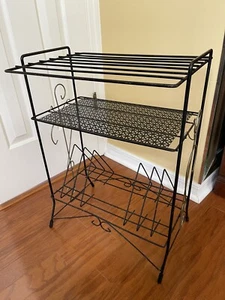 Vtg 1950s MCM BLACK METAL Turntable Rack Stand W/ Mesh Shelf & Record Hold Slots - Picture 1 of 19