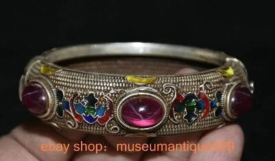 Pulsera brazalete joyería murciélago gema rosa con incrustación Cloisonne de plata china antigua de 3,6" Foto 1 de 4