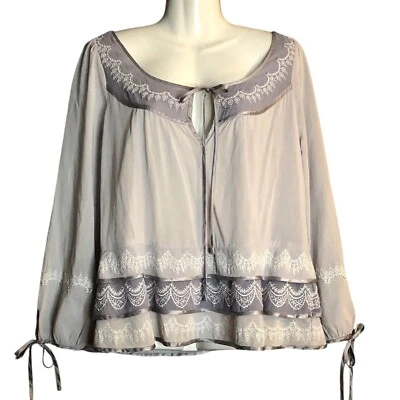 Blusa Pullover Lithe Peasant Top Talla 2 Gris Jaspeado Algodón Seda Bordada Foto 1 de 4