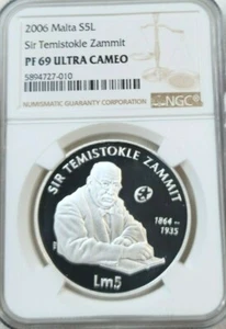 2006 MALTA SILVER 5 LIRI S5L SIR TEMISTOKLE ZAMMIT NGC PF 69 ULTRA CAMEO TOP POP - Picture 1 of 3