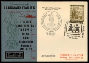 AUSTRIA MAPA 1962 LEOBEN BERGMANNSTAG "OFICINA DE CORREOS ESPECIAL MÁS PROFUNDA EUROPA" xa93 - Imagen 1 de 2