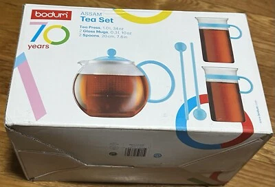 Juego de prensa de té Bodum Blue Bleu Assam 2 tazas de vidrio 1 cuchara edición limitada NUEVO Foto 1 de 3