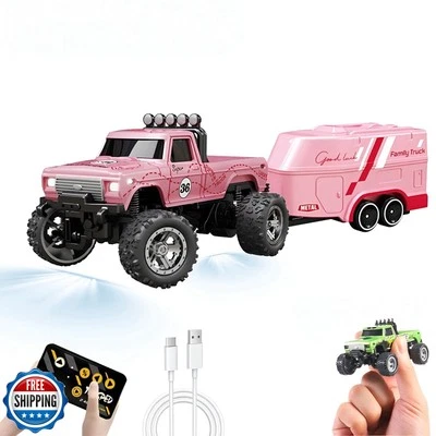 EXVQMU Mini RC Car, 1/64 Scale Mini Remote Control Monster Truck with Trailer - Image 1 of 4