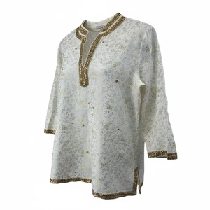 Blusa Chico's Para Mujer XL Marfil Dorado Floral Lentejuelas Muesca Cuello Manga Larga Top - Imagen 1 de 8