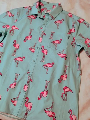 Hurley Shirt Mens XL Turquoise Flamingo Tropical Hawaiian Pink Geometric Camp - Image 1 of 4