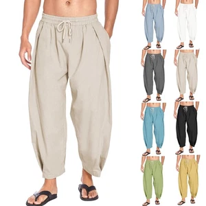 Men's Cotton Hemp Harun Pants Drawstring Casual Capris Loose Beach Yoga Pants - Picture 1 of 32