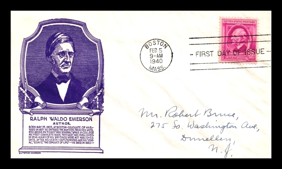 AUTHOR RALPH WALDO EMERSON  1940   PURPLE ANDERSON cachet  FDC - Image 1 of 1