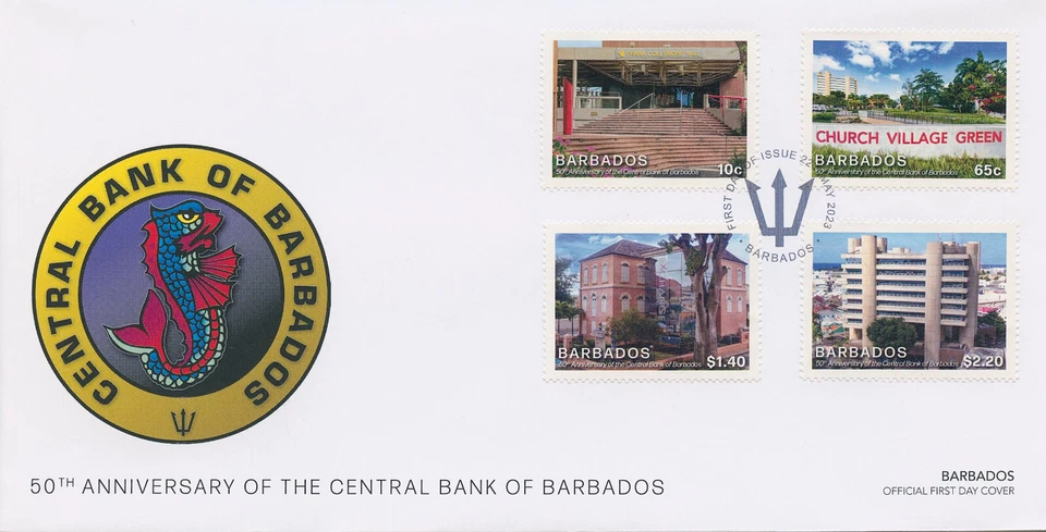 Barbados Stamps 2023 FDC Central Bank 50th Anniv Architecture 4v Set - Image 1 of 1