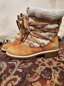 Timberland Boots Womens 6M Brown Sherpa Short Leather Lace Up 90's Vintage - Picture 1 of 7