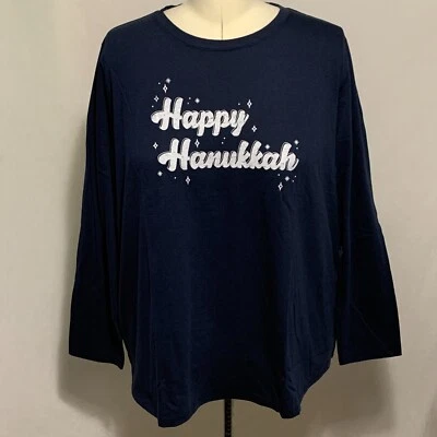 Ugly Christmas Shirt Happy Hanukkah Long Sleeve Blue White Womens Plus Size 4X - Image 1 of 4