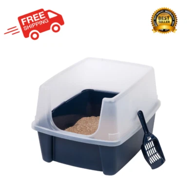 IRIS USA Open-Top Cat Litter Box with Shield and Scoop, Navy Free Shipping