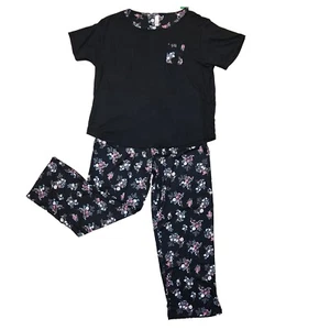 Flora Nikrooz Black Floral XL Pajama Set Short Sleeve Top & Pant With Pockets - Picture 1 of 18