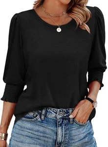 Casual 3/4 Sleeve Black T-Shirts for Women - Plus Size XXL Tops - Picture 1 of 5