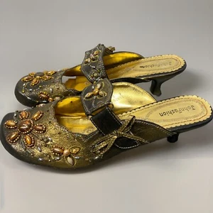 John Fashion Women Shoes Beaded Jewels 2 in HeelSz 9 Gold Mules Adjustable READ - Picture 1 of 9