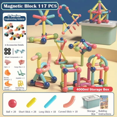 117pcs Magnetic Building Blocks For Kids Construction Toys + Truck Express Ship - Image 1 of 4