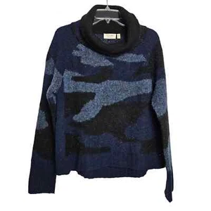 RD Style Conscious Women's Blue Black Camo Print Cowl Neck Sweater Size M - Picture 1 of 8