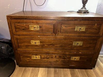 1970 Henredon Mid-Century Modern Hollywood Regency Campaign Oak Bedroom 4 Drawer - Image 1 of 4