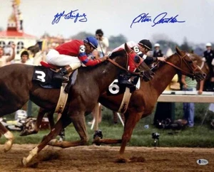 JORGE VELASQUEZ & STEVE CAUTHEN SIGNED 16x20 PHOTO ALYDAR AFFIRMED BECKETT BAS - Picture 1 of 4