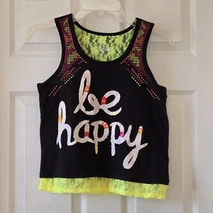 Justice Girls Be Happy Yellow Lace Hem Black Tank Top Sz 14 - Picture 1 of 10