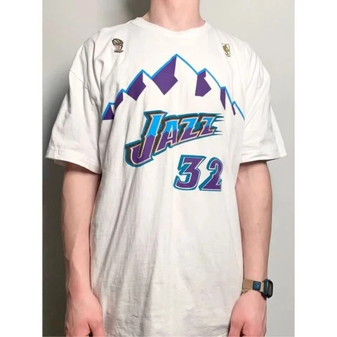 Mitchell & Ness UTAH JAZZ 🏔 ❄️ KARL Malone FINALS NBA GOLD LOGO White T- SHIRT Cover
