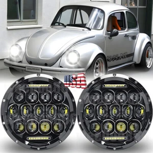 For 1950-1979 VW Beetle 7" Inch Round LED Headlights Halo Angel Eyes DRL Combo - Picture 1 of 11