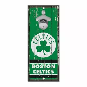 BOSTON CELTICS BOTTLE OPENER SIGN 5"X11" HARDBOARD W/ CAST METAL OPENER - Picture 1 of 1