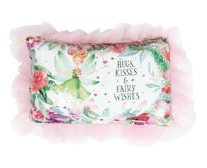 Fairy Sequin Pillow Little Girl Pink Ruffle Gold Sequins NWT Hugs Kisses Wishes - Picture 1 of 2