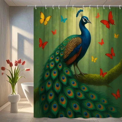 Cortina de ducha colorida de pavo real con mariposas Foto 1 de 4