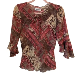 Vintage A Byer Y2K Patchwork Top Small Paisley Pink Brown Sheer Fairy Dainty Bow - Picture 1 of 7