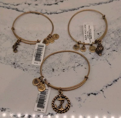 Alex Ani морской золотой тон расширяемый браслет браслет лот из 3 якорь раковина моря - Изображение 1 из 4