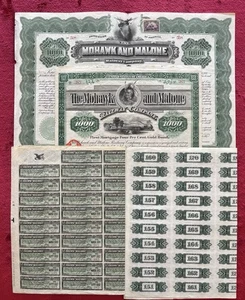 THE MOHAWK & MALONE RAILWAY Co. 1892 GOLD BOND CERTIFICATE & DIVIDEND COUPONS - Picture 1 of 9