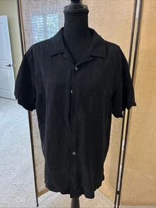 CREMIEUX Size L Black Short Sleeve Silk & Linen Button Front Shirt - Picture 1 of 5