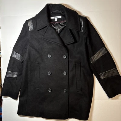 Abrigo para mujer DKNY negro de doble botonadura talla 10 mezcla de lana Foto 1 de 4