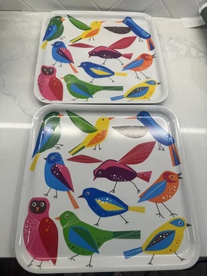 2 IKEA BARBAR Food Drink Serving Trays Melamine 13x13 Colorful Birds See Photos  - Image 1 of 4