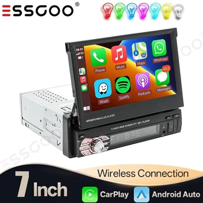 7" Filp Out Single 1Din Apple CarPlay Touch Screen Car Radio Stereo BT USB FM TF - Image 1 of 4