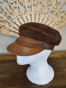 Vintage HENSCHEL GENERATIONS Cap Newsboy Cabbi Leather Hat Medium USA MADE  - Picture 1 of 12