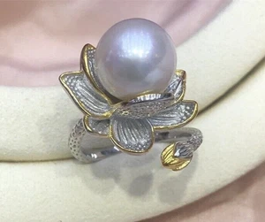 Neu AAAA 11-12 mm runder natürlicher Südsee weißer Perlenring 925S verstellbar - Bild 1 von 3