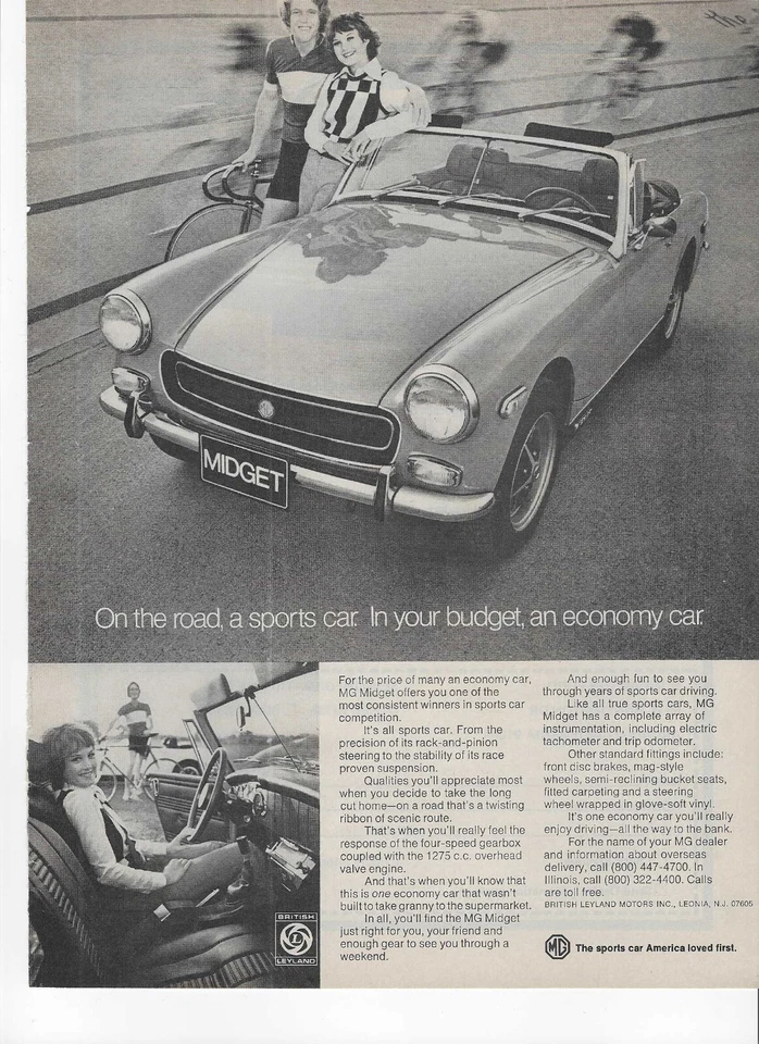 Anuncio impreso original 1973 MG Midget vintage: "En la carretera, un coche deportivo.  En tu.. Foto 1 de 1