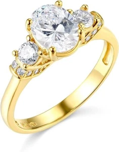 1.95 Ct Oval & Round Solid 14K Yellow Gold 3 Three Stone Engagement Wedding Ring - Picture 1 of 4