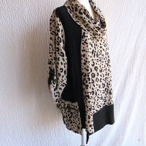 Animal Print Tunic Top XL Ali Miles Tan Black Solid Mix Crinkle Cowl Neck Shirt - Picture 1 of 17