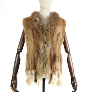 Womens Natural Real Fur Vest with Fur Collar Waistcoat/jackets Knitted Top Coat